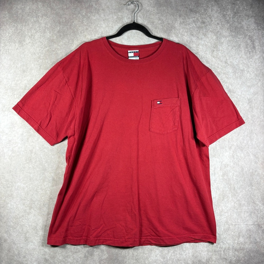 Vintage Tommy Hilifiger Shirt Mens XL Red Short Sleeve Crew Neck Basic‎ USA Y2K
